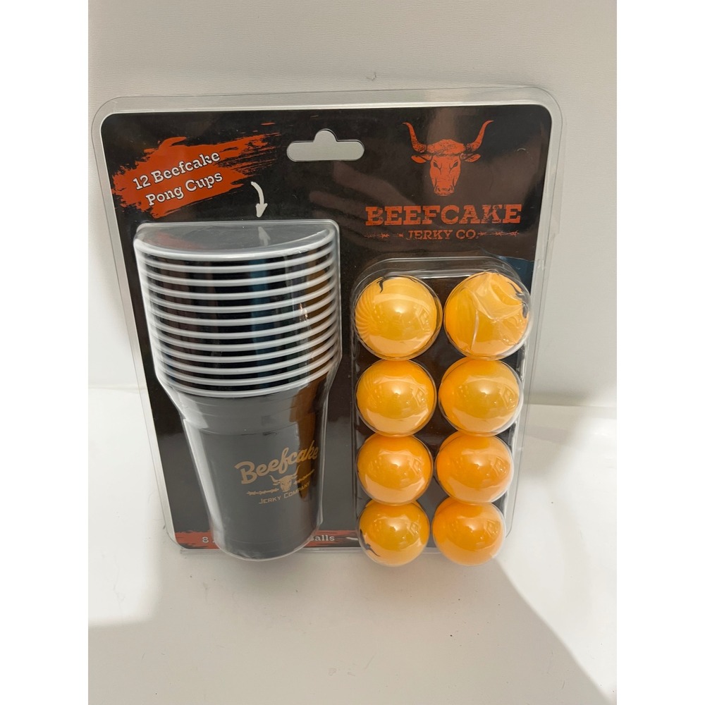 Beefcake Jerky Co Pong Set 12 Black Cups 8 Orange Regulation Balls New Packaging